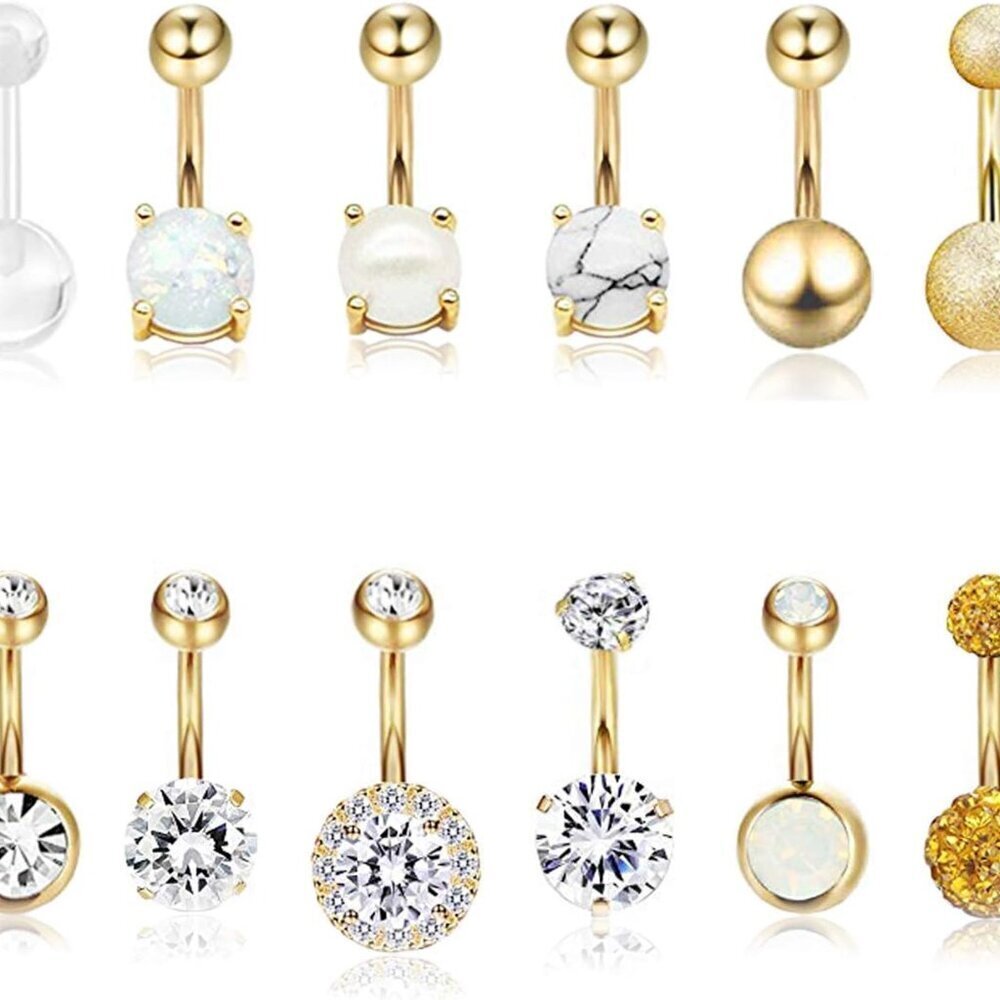 12Pcs Belly Button Rings Surgical Steel Curved Navel Barbell Women Jewelry